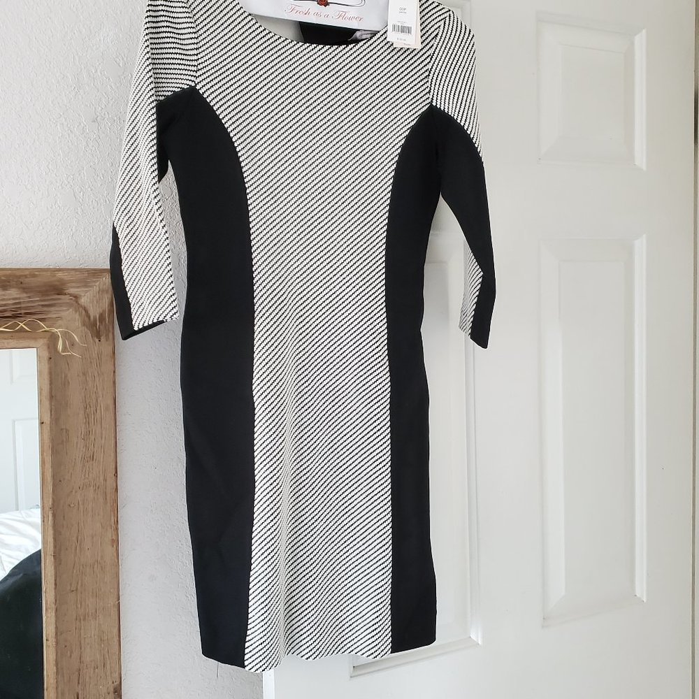BANANA REPUBLIC White Black Texture Knit Pattern Sheath Dress 00 Petite  00P NEW